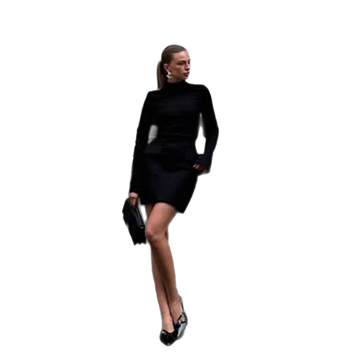 Women's Tailored Mini Dress with Stand Collar, Long Sleeves & Peplum Mune Fashion