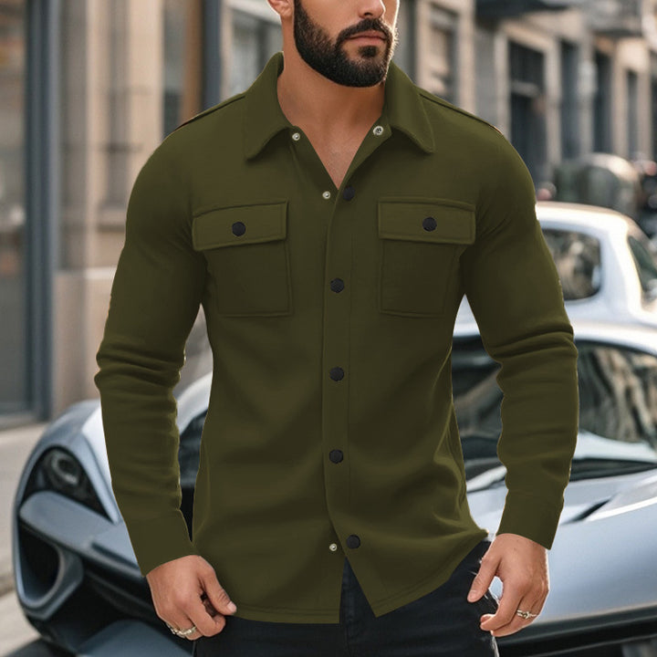 Men's wool blend overshirt jacket with flap pockets, concealed button placket, and shirt collar Mune Fashion