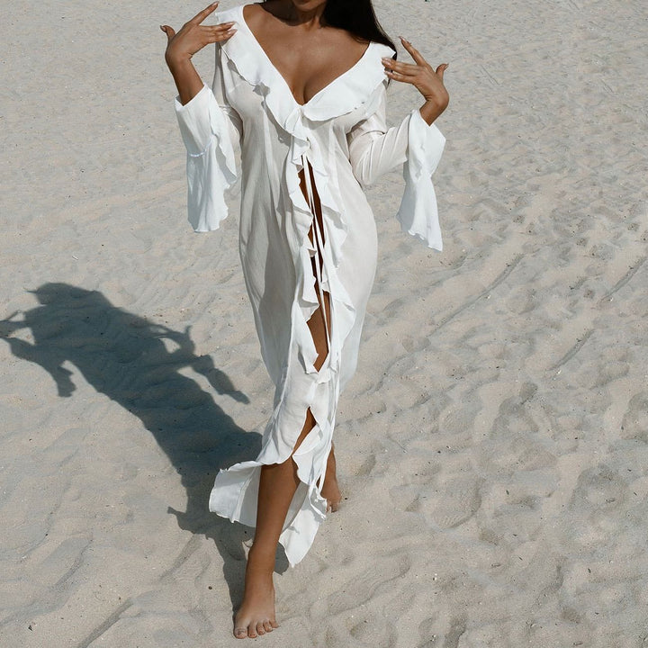 Women elegant beach dress with ruffles and deep slit Mune Fashion