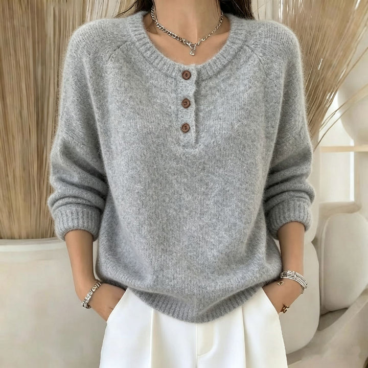 Women's Cozy Round Neck Henley Sweater with Button Placket and Raglan Sleeves Mune Fashion