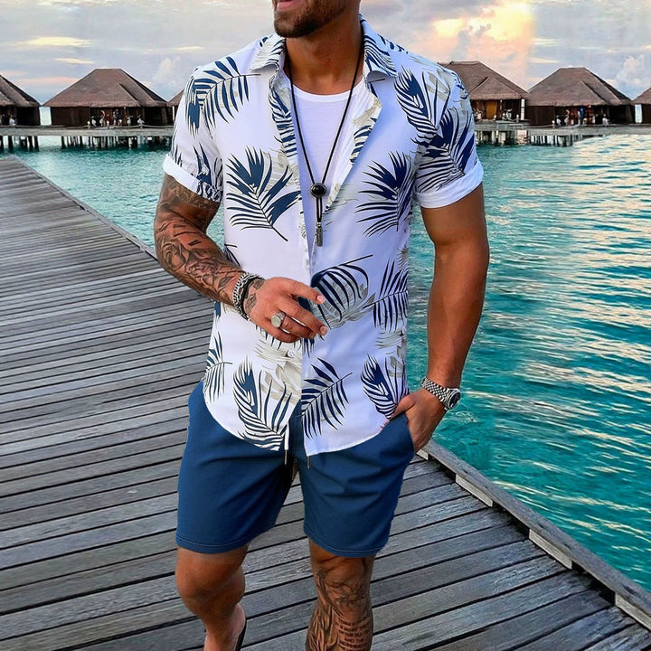 Men's vacation set with short-sleeved lapel shirt in palm print and elastic drawstring bermuda Mune Fashion