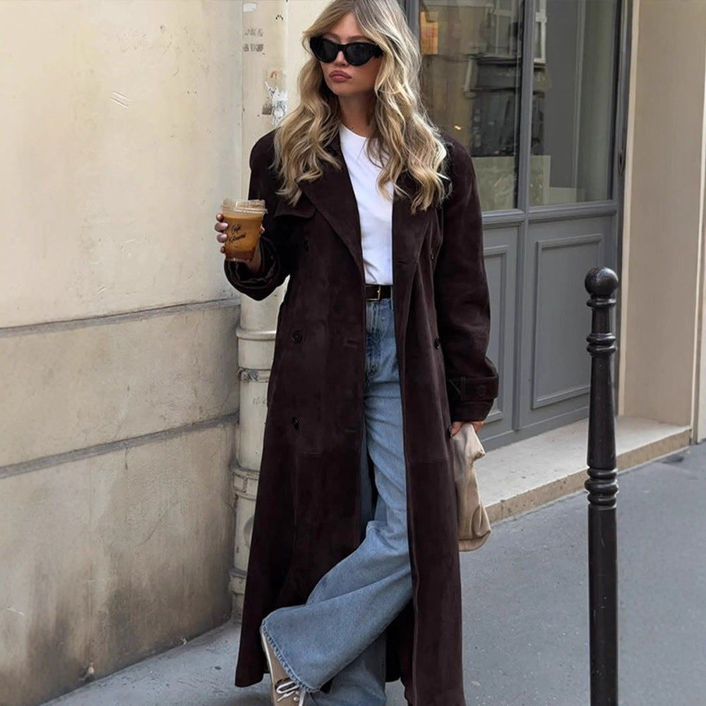 Women's Long Velvet Trench Coat with Tie Belt and Lapel Collar Mune Fashion