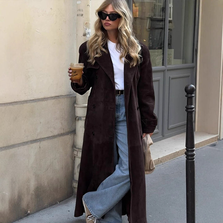 Women's Long Velvet Trench Coat with Tie Belt and Lapel Collar Mune Fashion