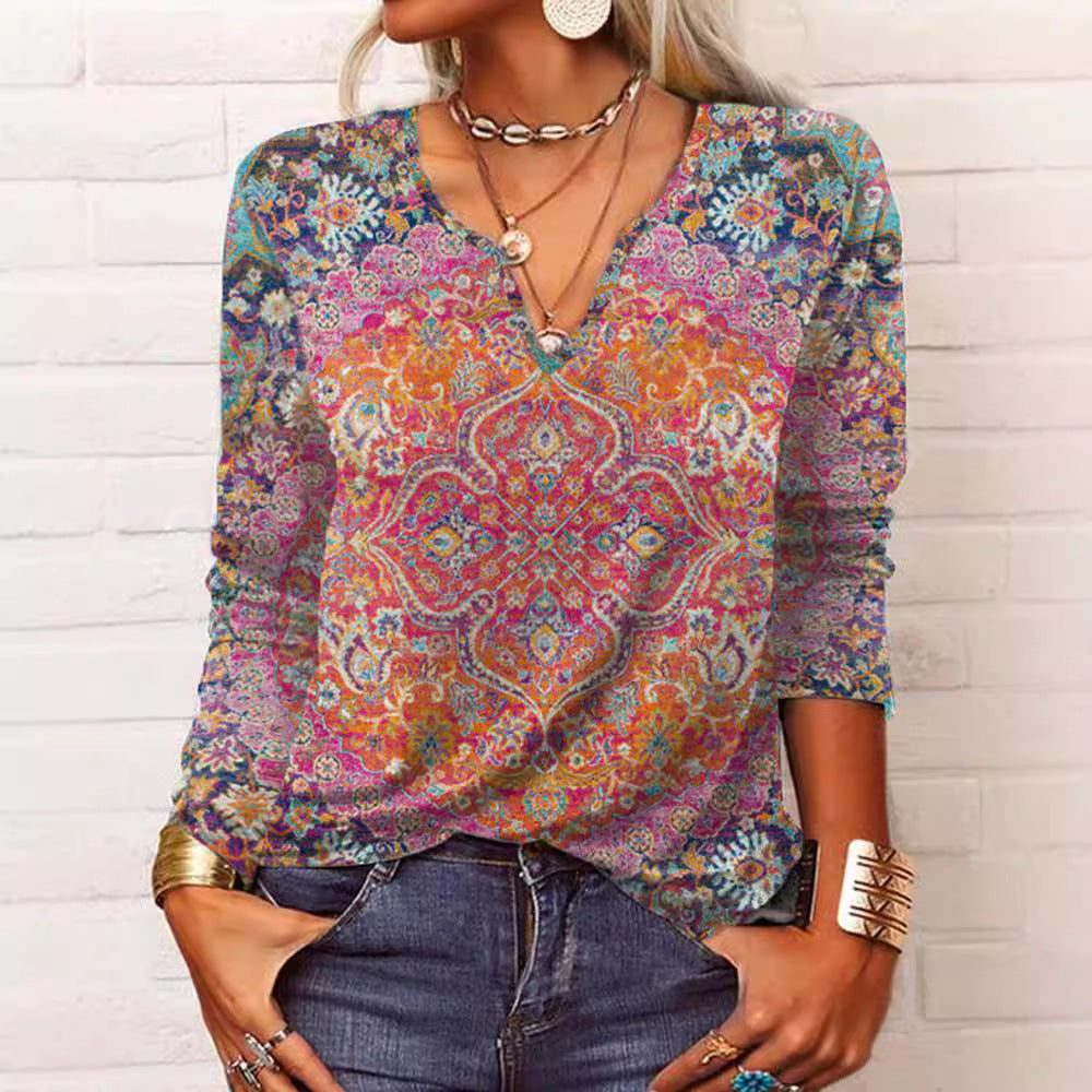 Women's Boho Print V Neck Tunic Shirt Mune Fashion