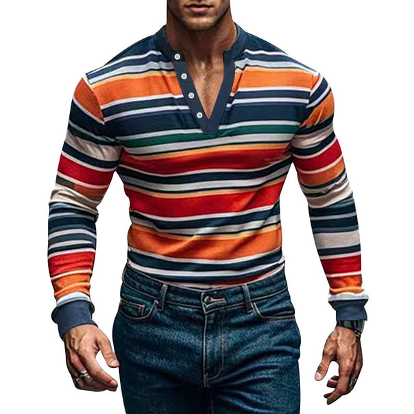 Men's striped long-sleeve Henley shirt with stand-up collar and button placket Mune Fashion