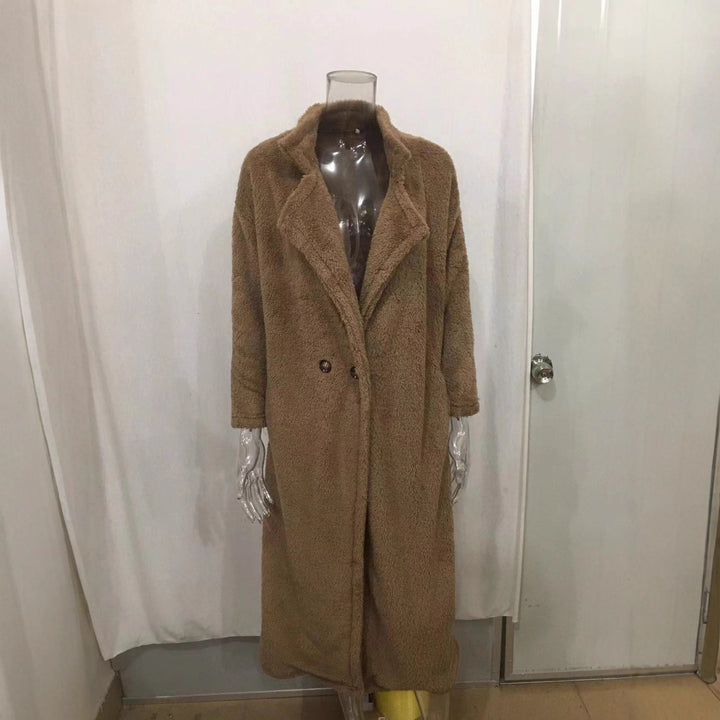 Ladies longer teddy coat with large lapel collar, double button placket and practical side pockets Mune Fashion