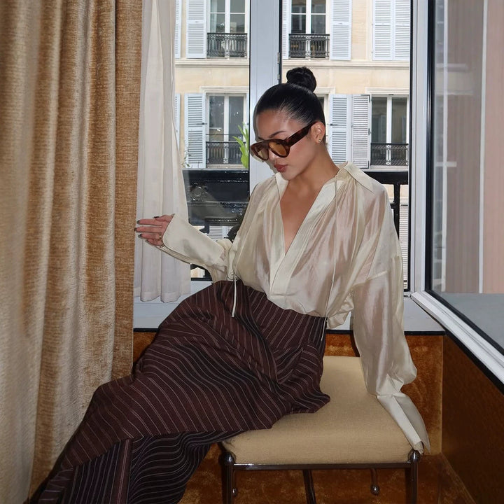 Women's Satin Glossy Oversized Blouse with Deep V-Neck, Wide Cuffs & Casual Silhouette Mune Fashion