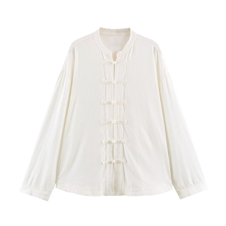 Men's Loose Tunic Shirt with Mandarin Collar and Traditional Knot Closures Mune Fashion