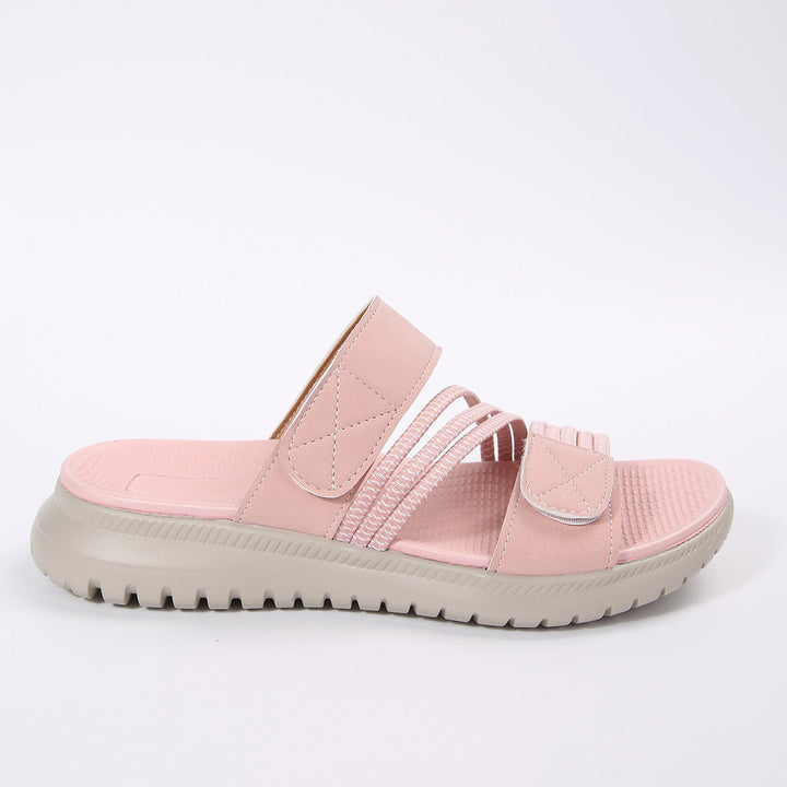 Damen Komfort-Pantolette mit verstellbaren Klettriemen, elastischen Zierbändern und stoßdämpfender Profilsohle Mune Fashion