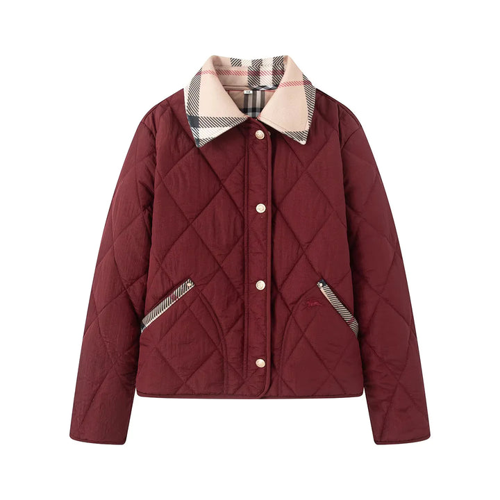 Women's padded short jacket with check collar and piped side pockets Mune Fashion