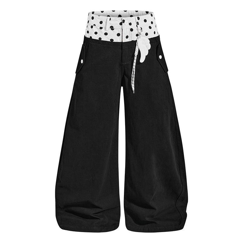 Women's Wide High-Waist Palazzo Pants with Polka-Dot Waistband and Jewelry Pendant Mune Fashion
