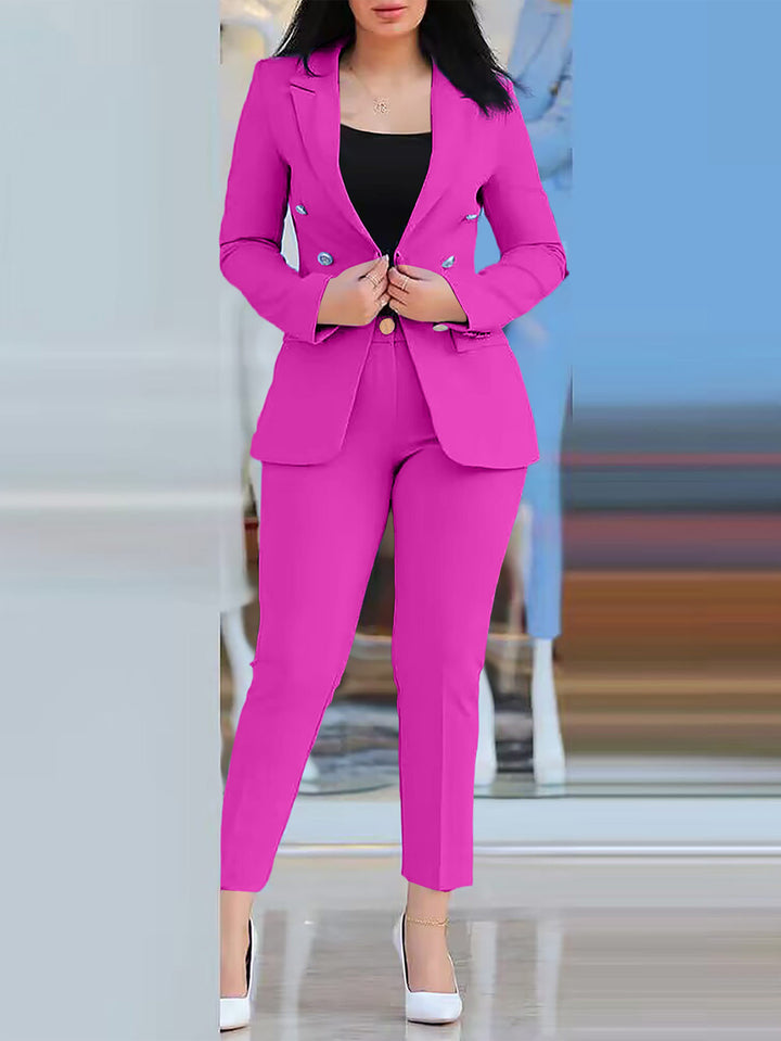 Women's tailored business pantsuit set with double-breasted blazer and tapered waistband pants Mune Fashion