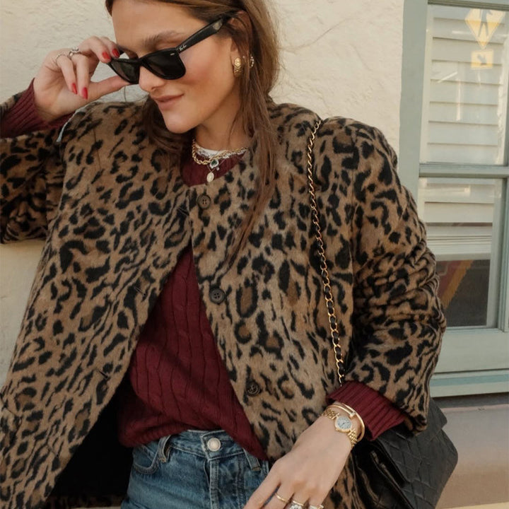 Women's Short Cut Faux Fur Coat with Leopard Print and Boxy Silhouette Mune Fashion