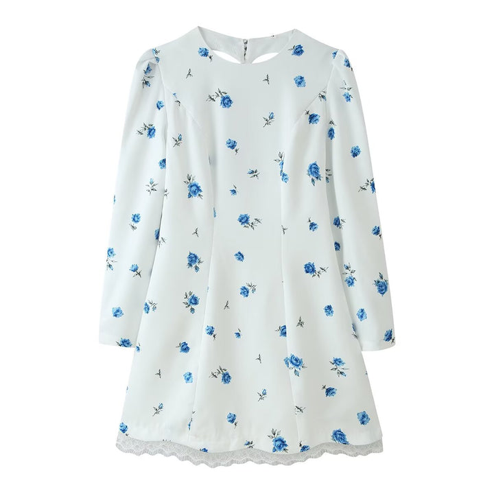 Women's A-line mini dress with long sleeves, floral pattern and lace trim Mune Fashion