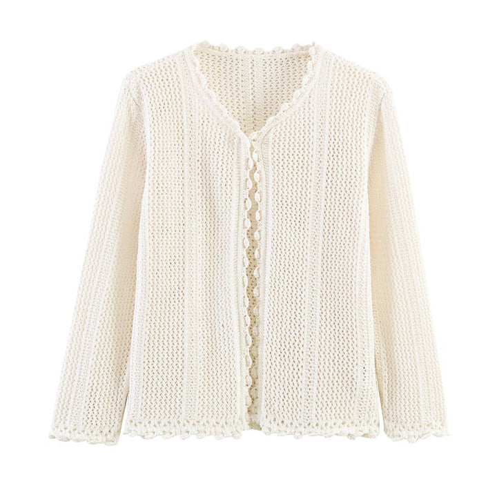 Women's Open Crochet Cardigan with V-Neck and Wave Edge Mune Fashion