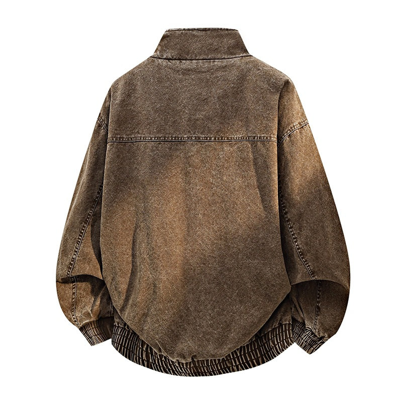 Men's Oversized Bomber Jacket in Used Effect with Stand-Up Collar, Elastic Band and Flap Pockets Mune Fashion
