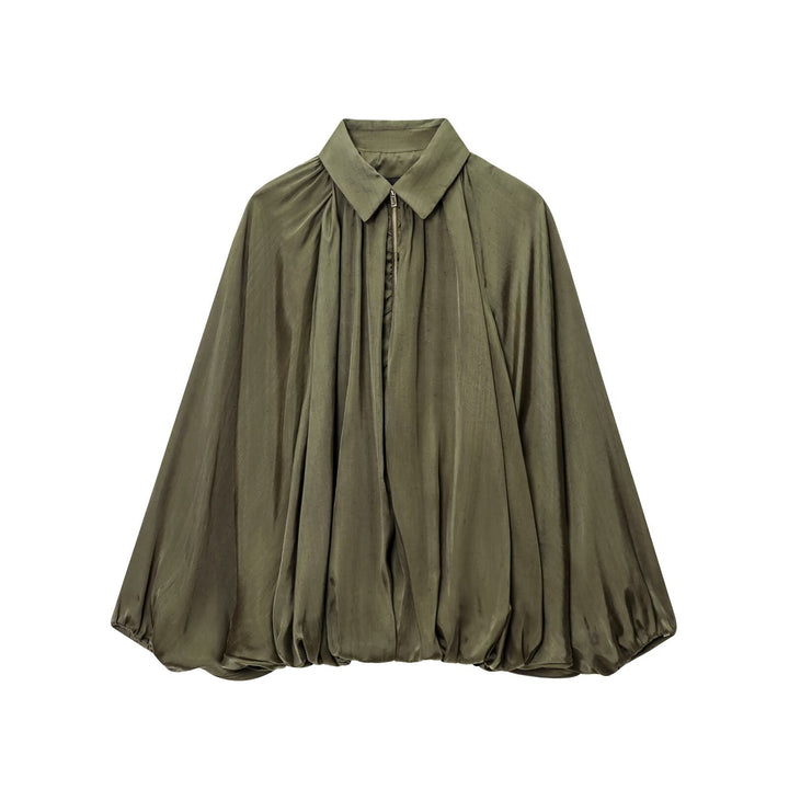 Women's wide pleated shirt blouse jacket with shirt collar, zipper and balloon-shaped hem Mune Fashion