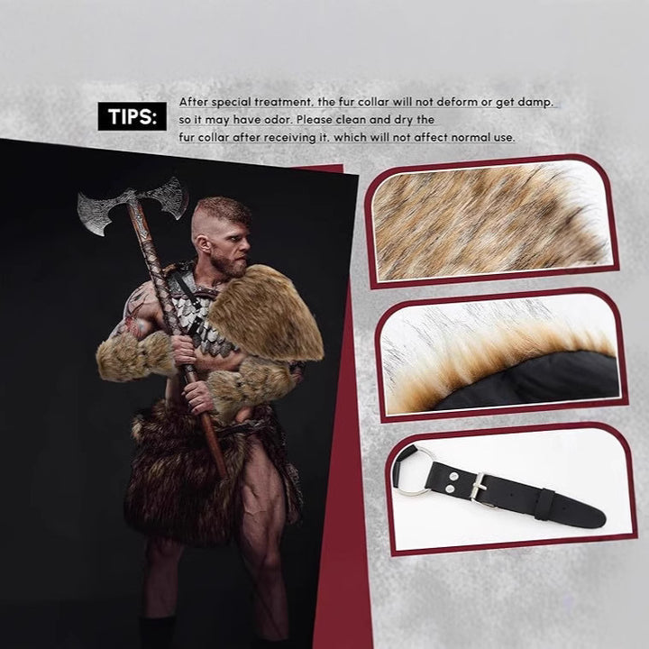 Men's Warrior Costume Accessory Set made of faux fur with shoulder drape, arm guards, and adjustable leather harness Mune Fashion