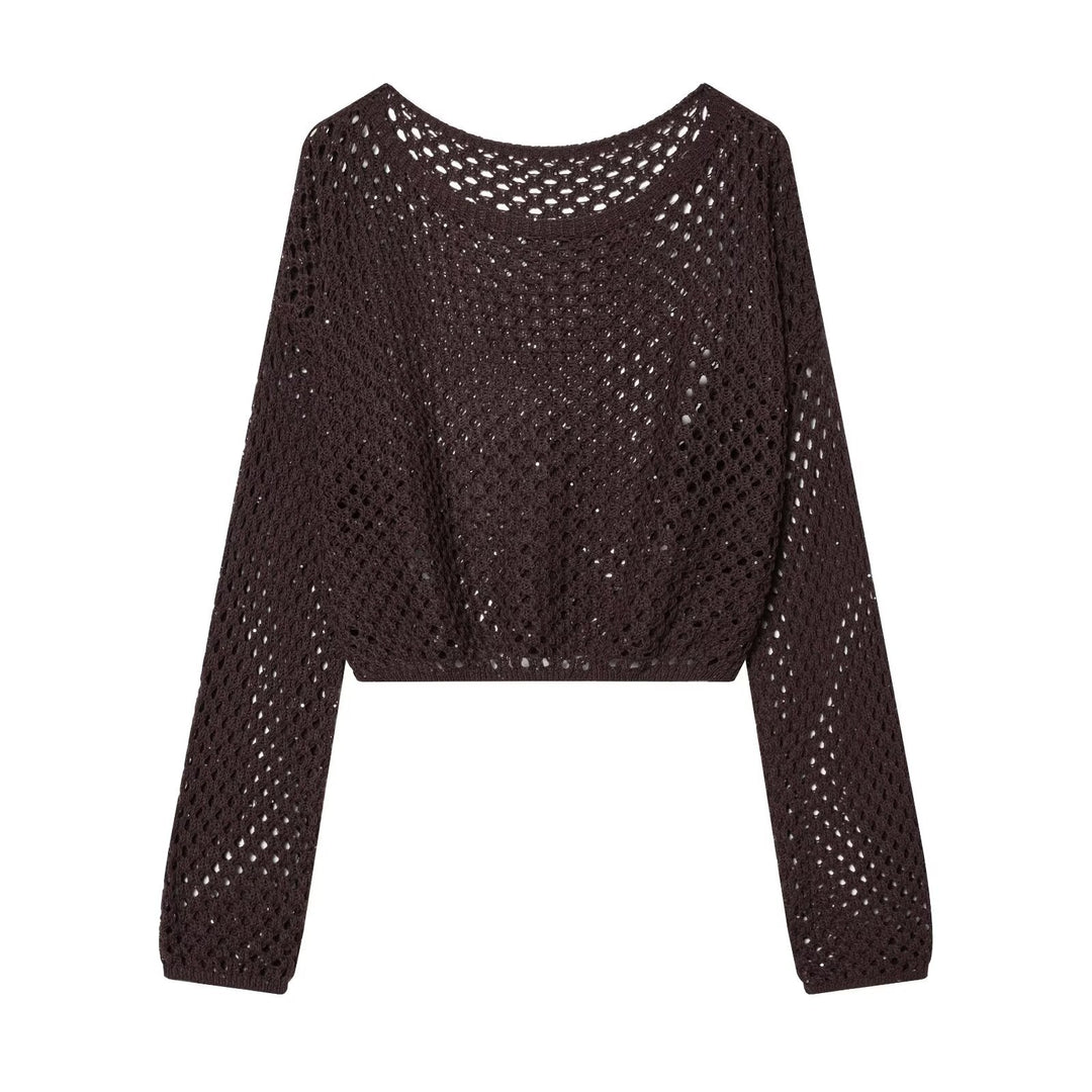 Women's Short Cropped Crochet Sweater with Openwork Pattern and Wide Neckline Mune Fashion