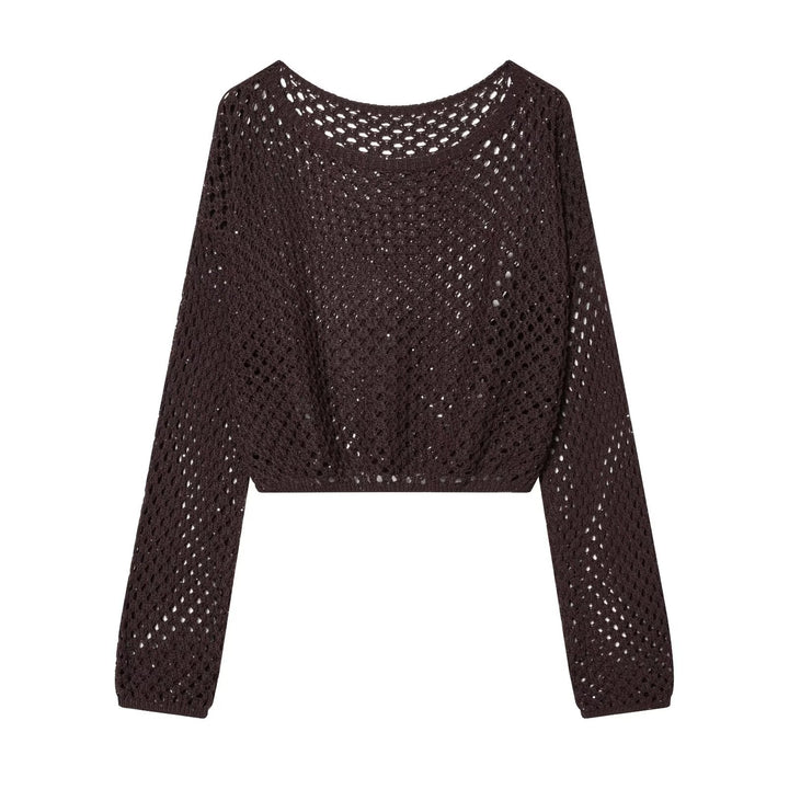 Women's Short Cropped Crochet Sweater with Openwork Pattern and Wide Neckline Mune Fashion