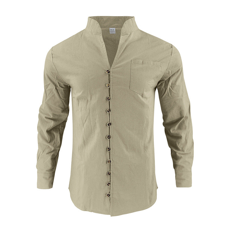 Men's lightweight linen shirt with stand-up collar, full button placket, and patch chest pocket Mune Fashion