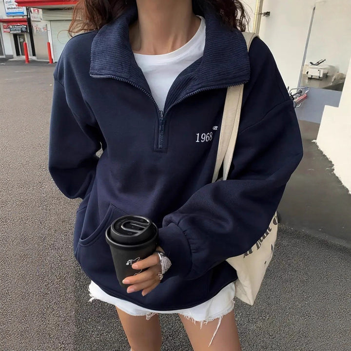 Women's Oversized Sweatshirt with Half Zipper, High Standing Collar and Kangaroo Pocket Mune Fashion