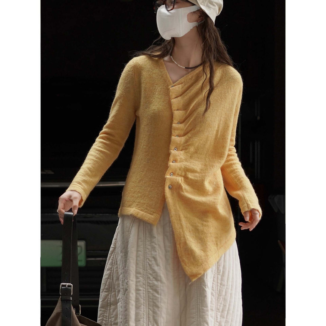 Women's Asymmetric Mohair-Look Cardigan with Offset Button Placket and Pointed Hem