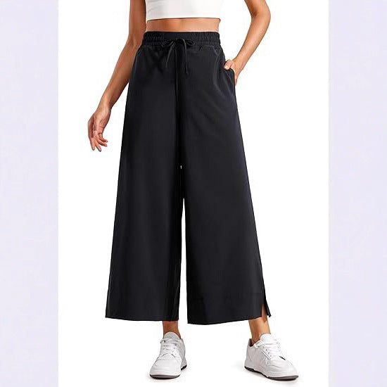 Women's wide culotte pants with elastic waistband, drawstring and side slits Mune Fashion