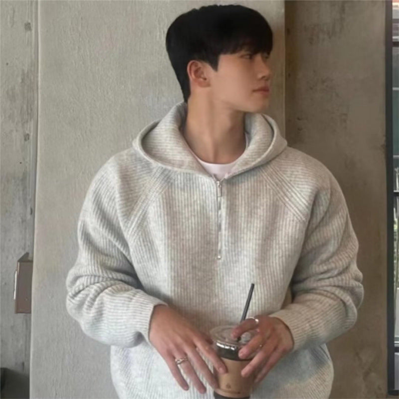 Men's Oversized Knit Half-Zip Hoodie with Ribbed Structure Mune Fashion