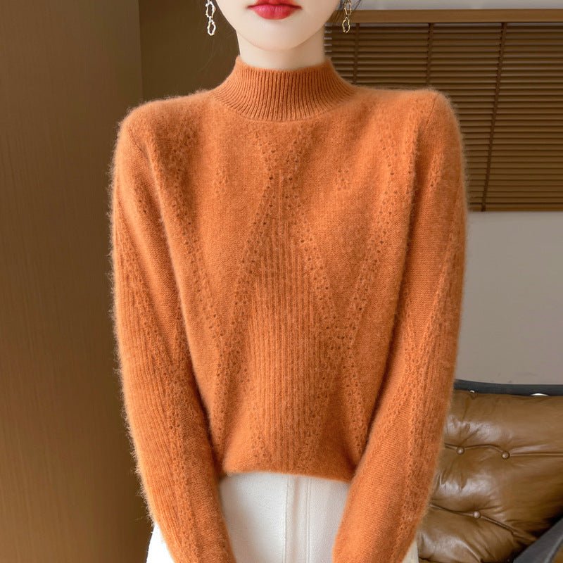 Women's Light Mockneck Fine Knit Sweater with Openwork Chevron and Cashmere Soft Finish Mune Fashion