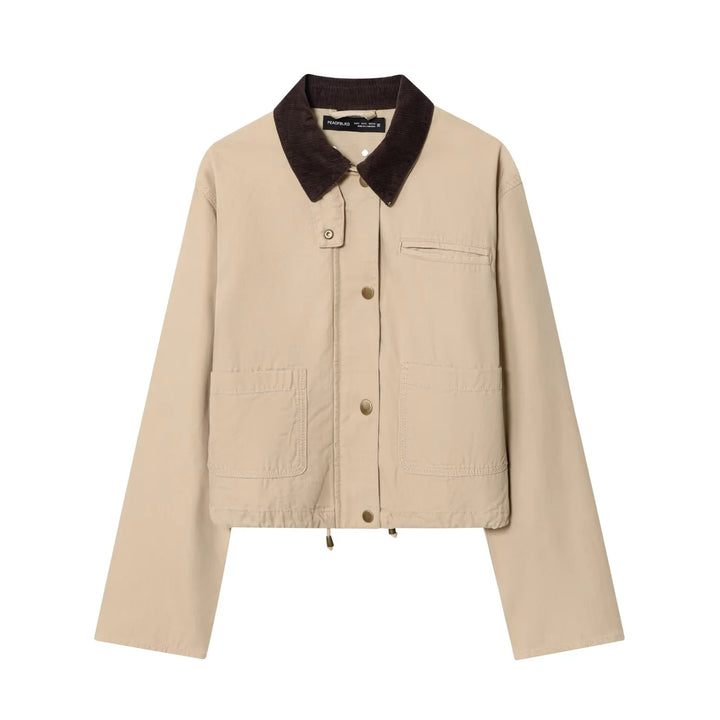 Women's short chore jacket with cord collar, press stud placket and drawstring hem Mune Fashion