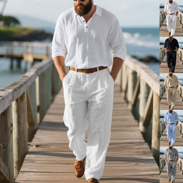 Men's airy linen two-piece set with V-neck shirt and loose pleated trousers Mune Fashion