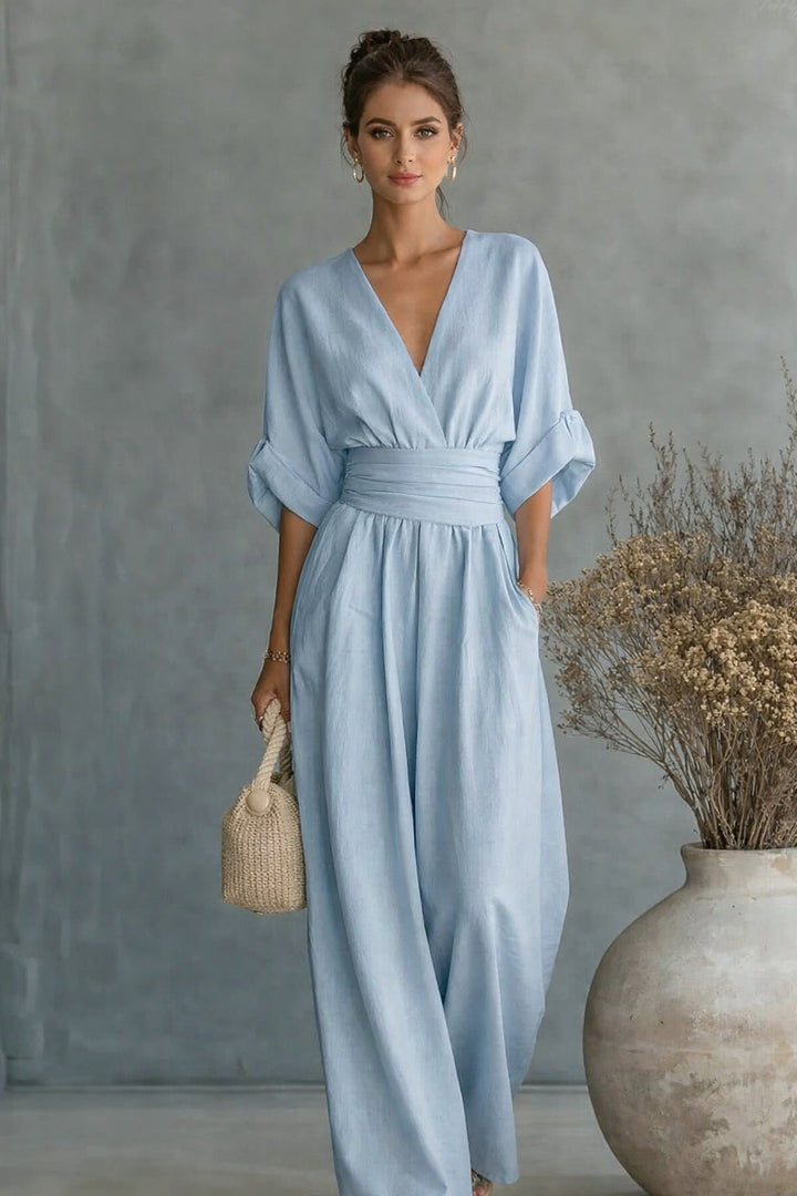 Women Wide Cut Jumpsuit with Elegant Draping and V-Neck Mune Fashion