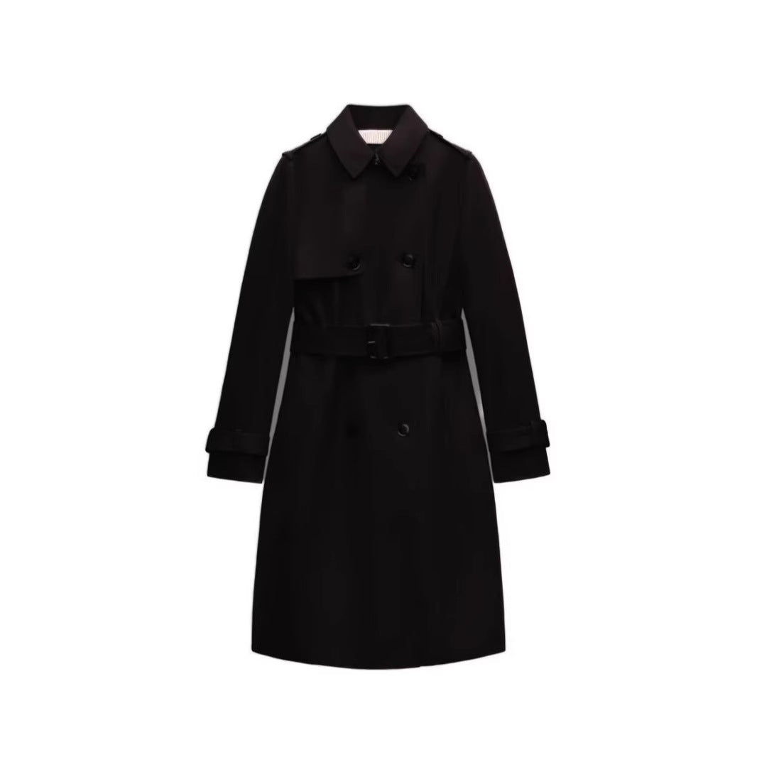 Women's Longer tailored trench coat with double-breasted button placket, waist belt, and sleeve tab Mune Fashion