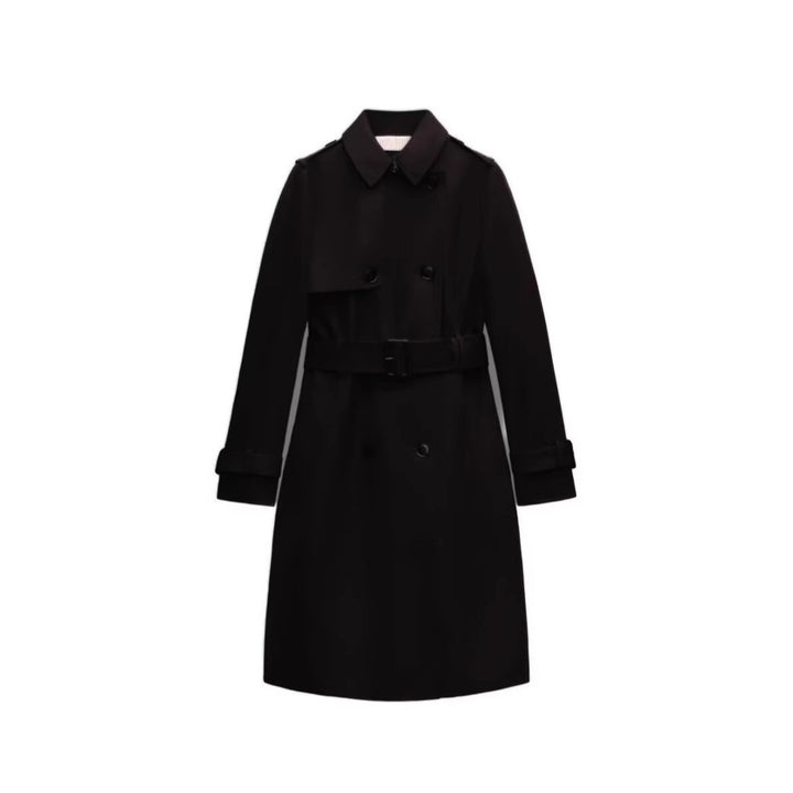 Women's Longer tailored trench coat with double-breasted button placket, waist belt, and sleeve tab Mune Fashion