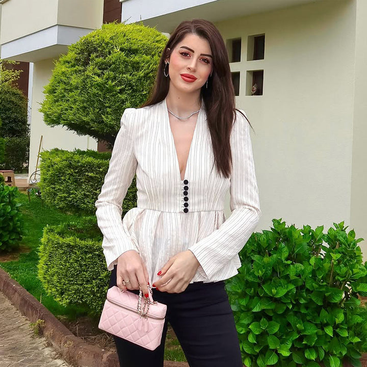 Ladies Tailored Peplum Blazer with Sculpted Shoulder and Decorative Button Placket Mune Fashion