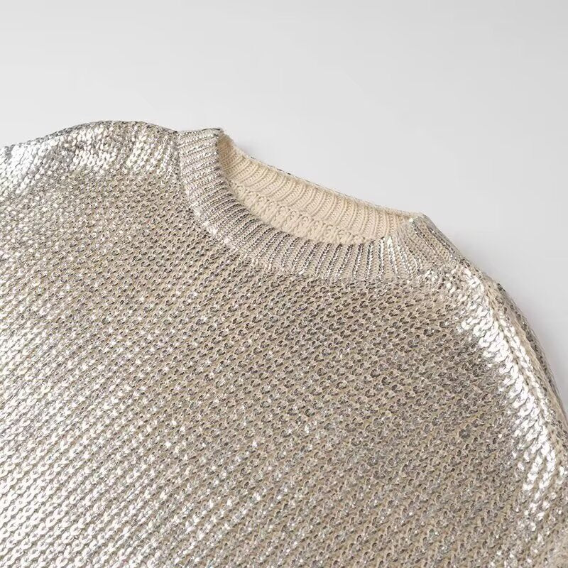 Women's Oversized Knit Sweater with Cut-Out Shoulders and Metallic Shine Mune Fashion