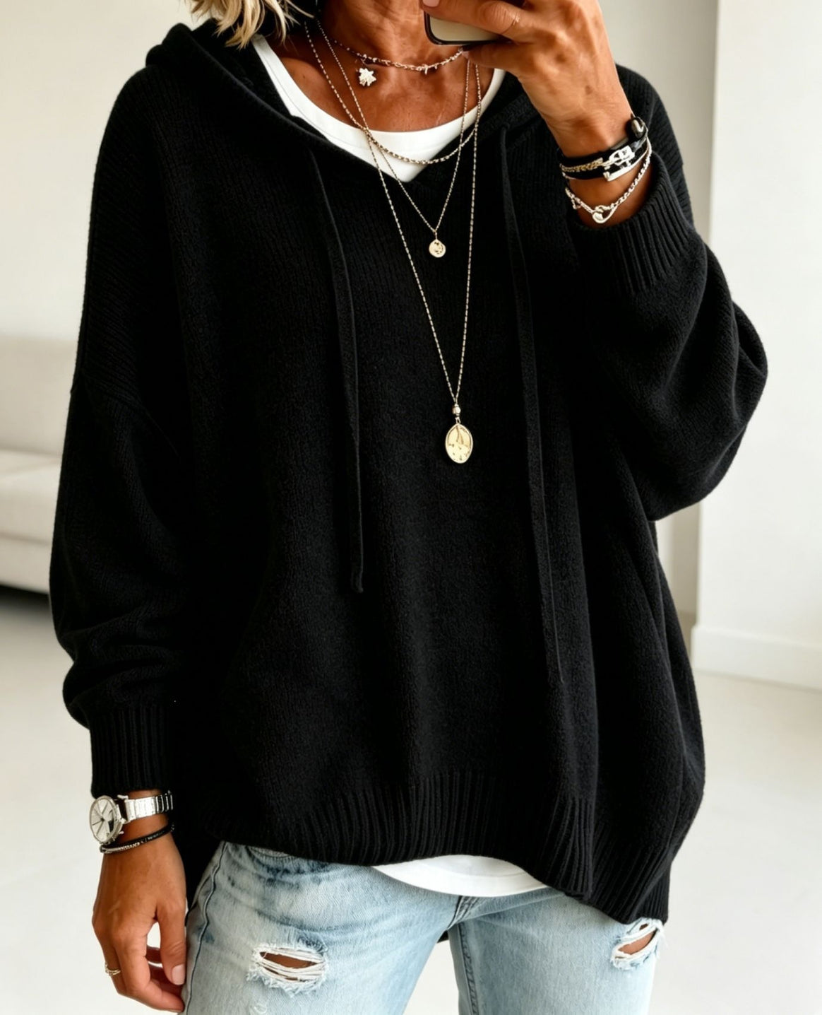 Women Oversize Hoodie Sweater made of fine knit with ribbed cuffs Mune Fashion