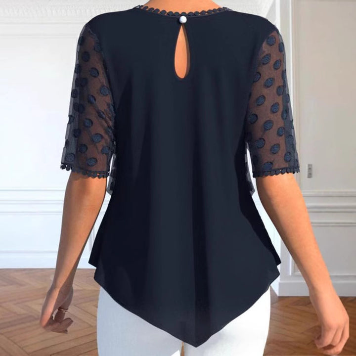 Women's elegant layered blouse with transparent tulle overlay, polka dot structure and asymmetrical pointed hem Mune Fashion