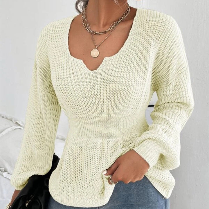 Women's Tailored Fine Knit Sweater with Notched V-Neck, Waist-Emphasizing Ribbed Area, and Balloon Sleeves Mune Fashion