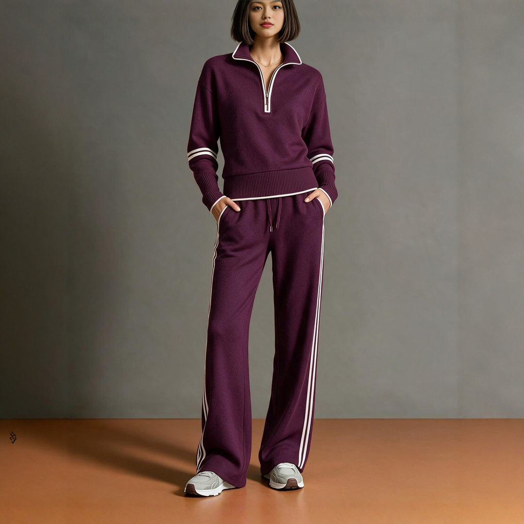Women's Comfortable Knit Jogging Set with Stand-Up Collar, Half Zipper and Contrast Stripes Mune Fashion