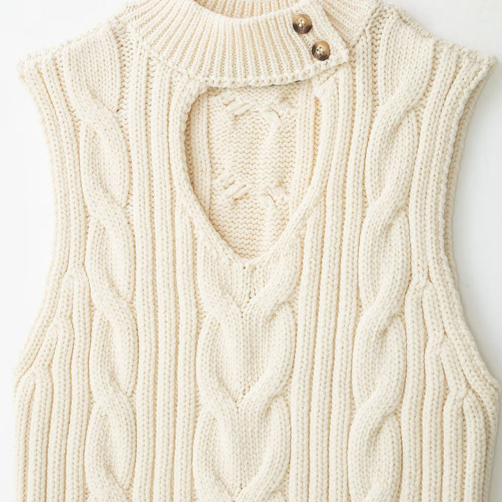 Women's Sleeveless Cable Knit Vest with Stand Collar and Button Detail Mune Fashion