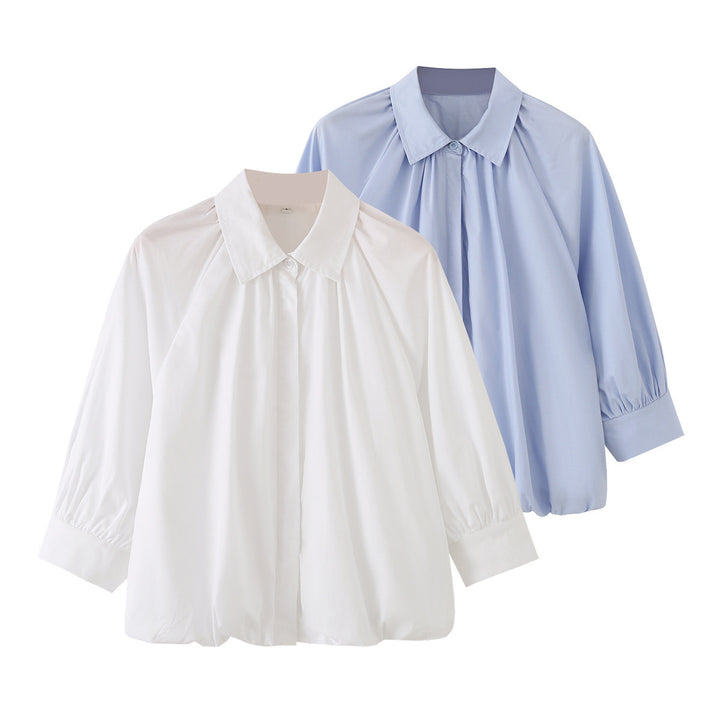 Women's Loose Blouse Shirt with Pleats Balloon Sleeves and Shirt Collar Mune Fashion
