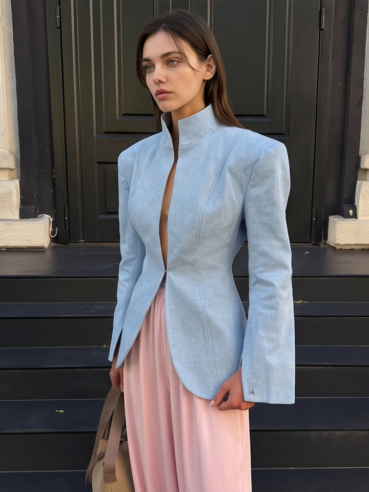 Women's tailored stand collar blazer with concealed hook closure and curved hem Mune Fashion