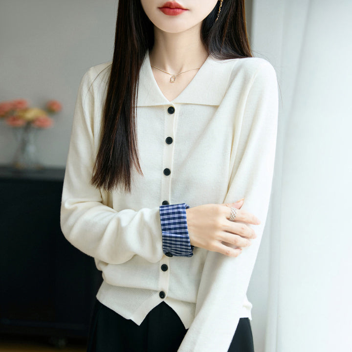 Women's Lightweight Fine Knit Cardigan with Wide Shirt Collar and Front Button Placket Mune Fashion