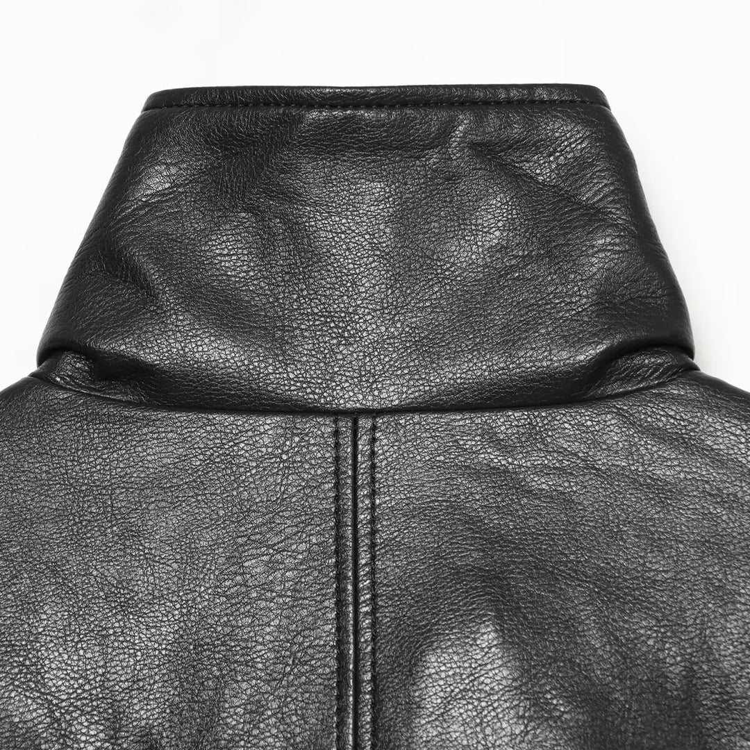 Women's Cropped Boxy Faux Leather Jacket with High Funnel Collar and Concealed Placket Mune Fashion