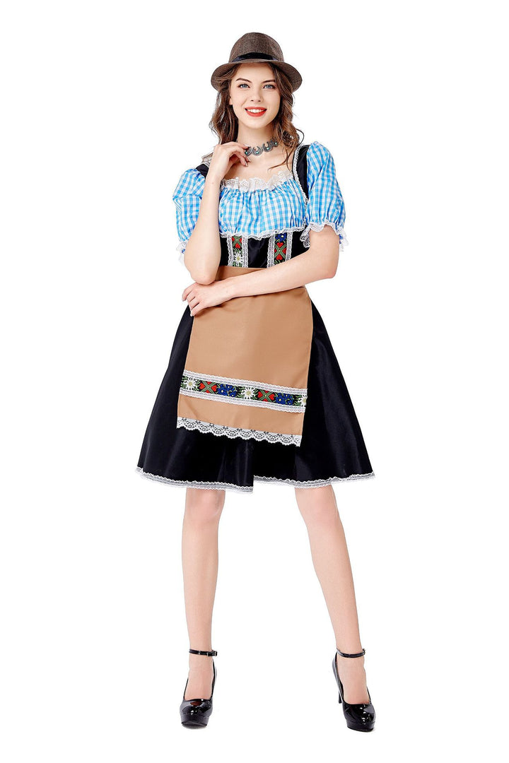 Women’s folkloric Oktoberfest costume in dirndl style with Carmen blouse, laced bodice, and embroidered apron Mune Fashion