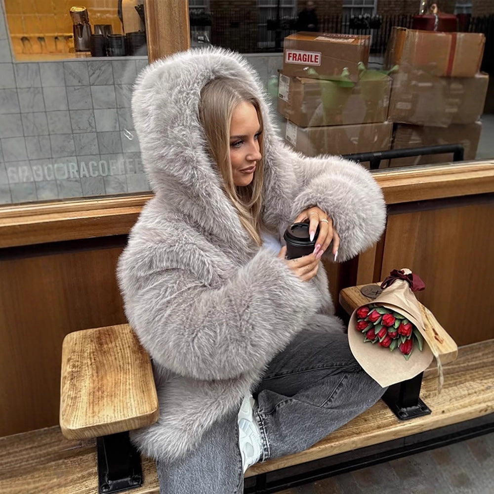 Women's Cozy Short Faux Fur Jacket with Extra Voluminous Hood Mune Fashion