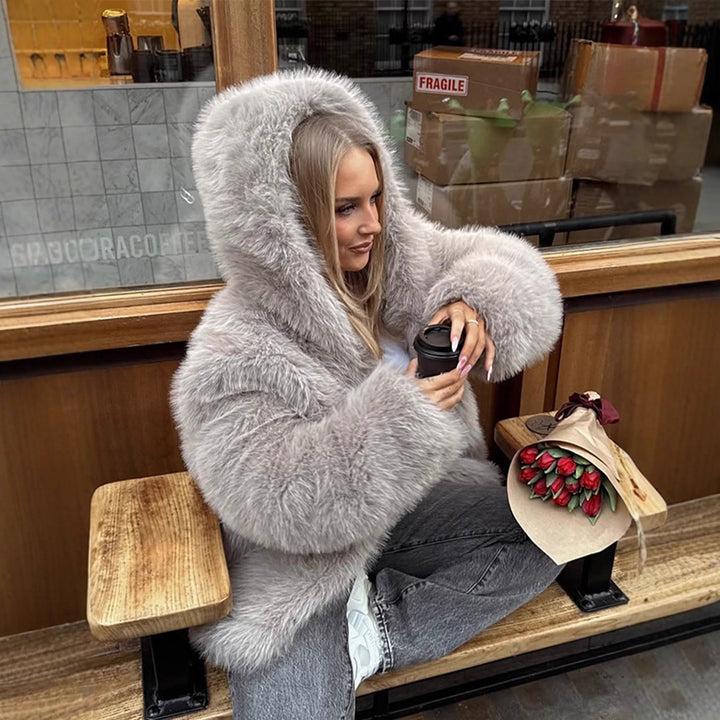 Women's Cozy Short Faux Fur Jacket with Extra Voluminous Hood Mune Fashion