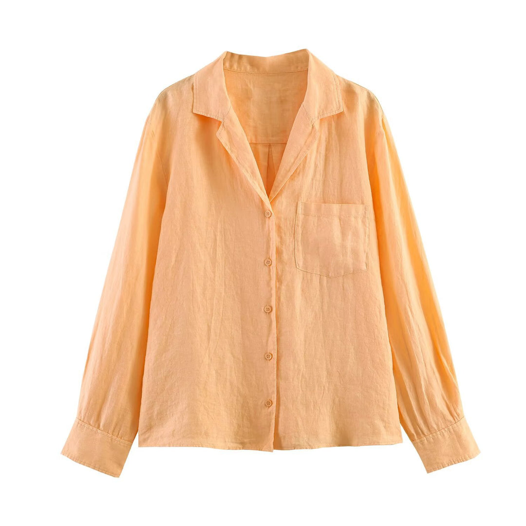 Women's Lightweight Linen Blouse with Shirt Collar, Chest Pocket and Loose Oversized Silhouette Mune Fashion